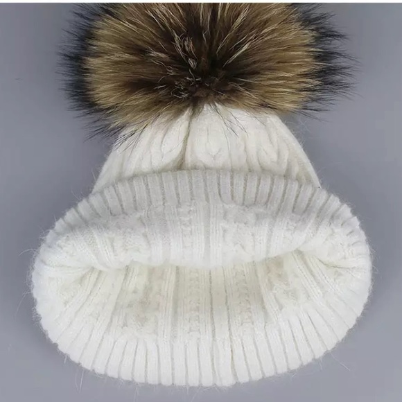 Ivory Angora Fur Pompom Cable Knit Beanie - Picture 2 of 5